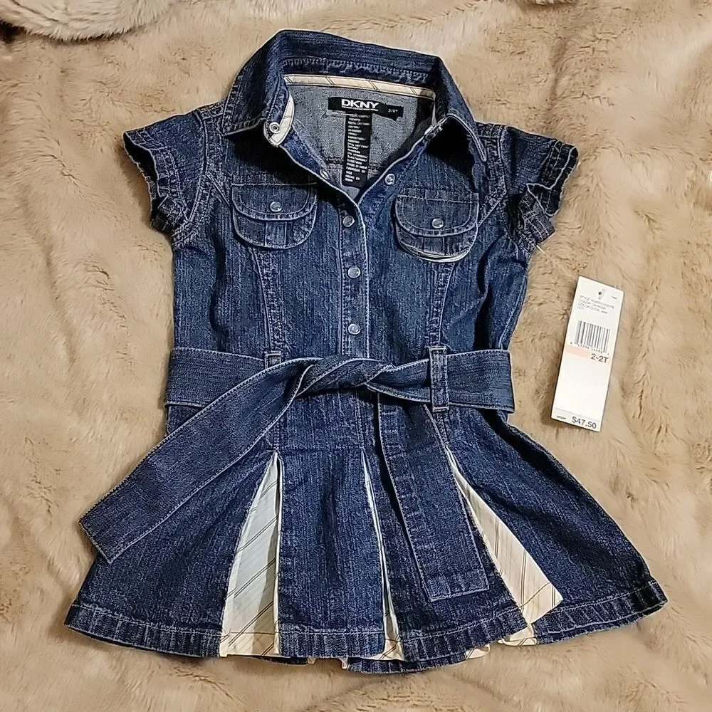 DKNY DENIM BELTED DRESS WITH PLEATED SKIRT AND PEARL BUTTONS, SIZE 2/2T - NEW!